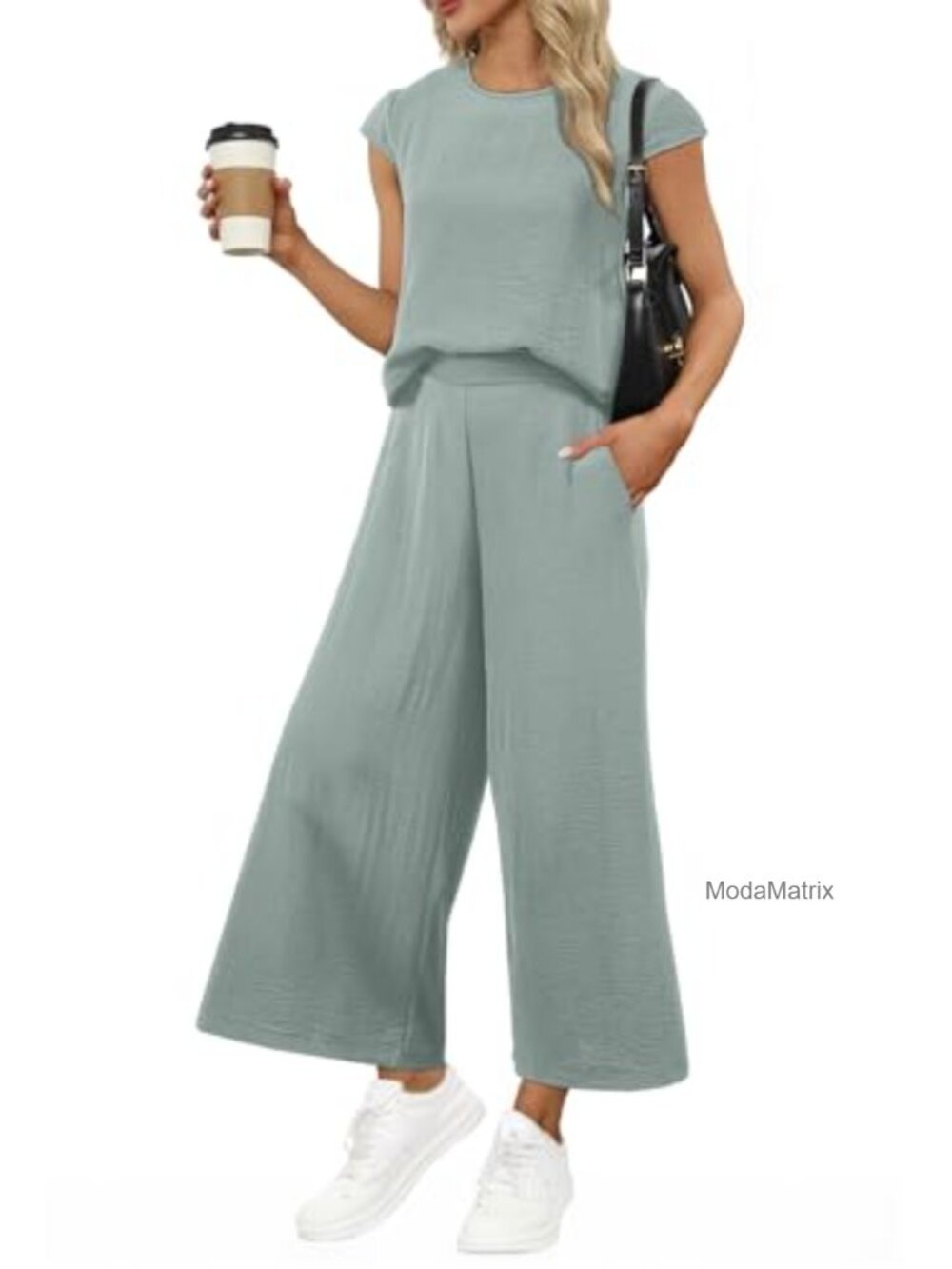Women's 2 Piece Knit Lounge Set Cap Sleeve Top Wide Leg Pants Vacation Outfit
